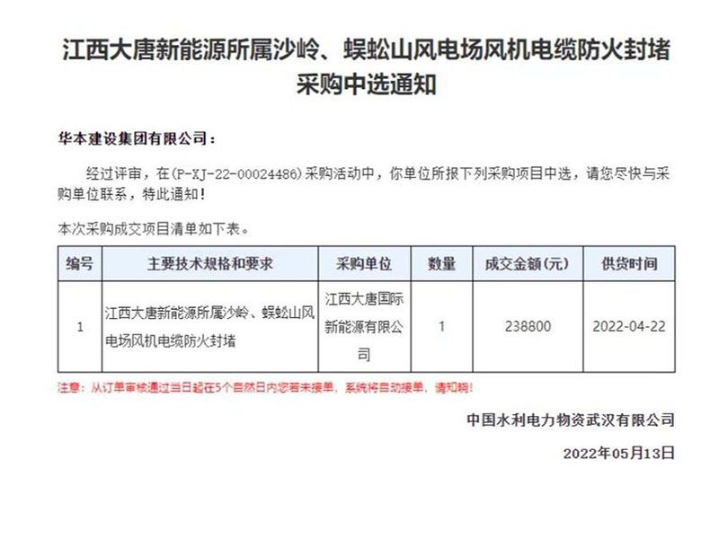江西大唐新能源所属沙岭、蜈蚣山风电场风机电缆防火封堵采购中选通知