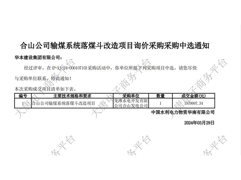 【合山公司输煤系统落煤斗改造项目询价采购】成交通知书文件