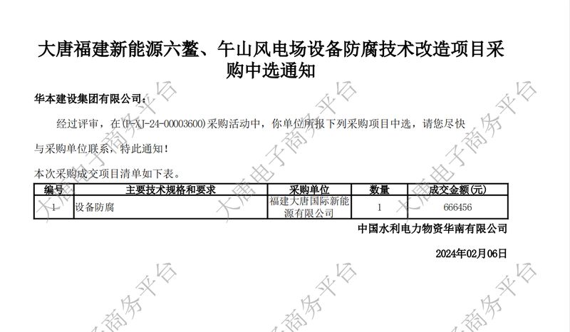 【大唐福建新能源六鳌、午山风电场设备防腐技术改造项目】成交通知书文件